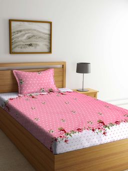 ARRABI - Pink Floral TC Cotton Blend Single Bedsheet with 1 Pillow Cover
