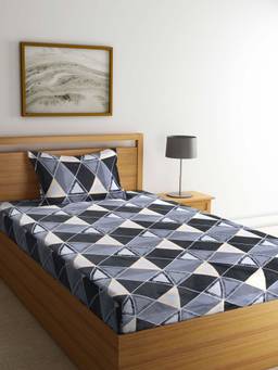 ARRABI - Grey Geometric TC Cotton Blend Single Bedsheet with 1 Pillow Cover