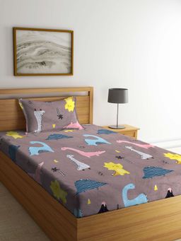 ARRABI - Brown Cartoon TC Cotton Blend Single Bedsheet with 1 Pillow Cover