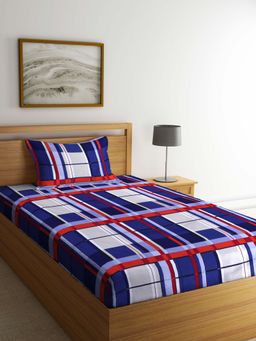 ARRABI - Blue Geometric TC Cotton Blend Single Bedsheet with 1 Pillow Cover