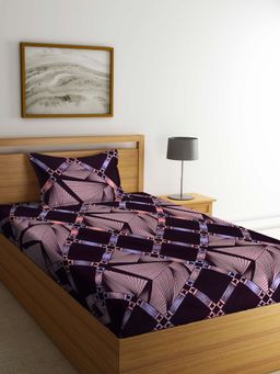 ARRABI - Brown Geometric TC Cotton Blend Single Bedsheet with 1 Pillow Cover