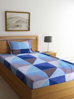 ARRABI - Blue Geometric TC Cotton Blend Single Bedsheet with 1 Pillow Cover