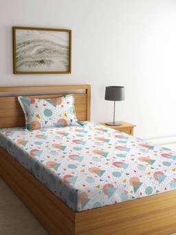 ARRABI - White Geometric TC Cotton Blend Single Bedsheet with 1 Pillow Cover