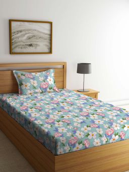 ARRABI - Blue Floral TC Cotton Blend Single Bedsheet with 1 Pillow Cover
