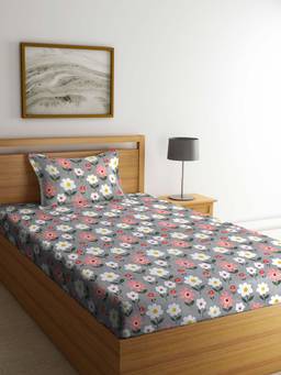 ARRABI - Grey Floral TC Cotton Blend Single Bedsheet with 1 Pillow Cover