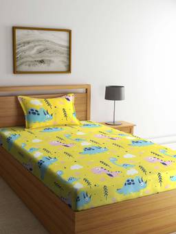 ARRABI - Yellow Cartoon TC Cotton Blend Single Bedsheet with 1 Pillow Cover