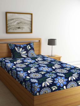 ARRABI - Blue Indian TC Cotton Blend Single Bedsheet with 1 Pillow Cover