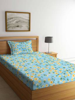 ARRABI - Teal Floral TC Cotton Blend Single Bedsheet with 1 Pillow Cover