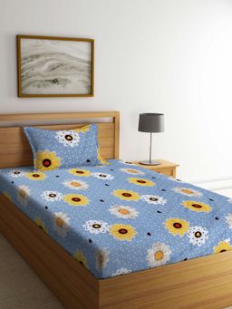 ARRABI - Grey Floral TC Cotton Blend Single Bedsheet with 1 Pillow Cover