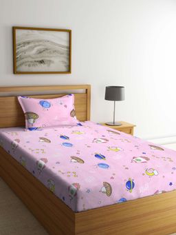 ARRABI - Pink Cartoon TC Cotton Blend Single Bedsheet with 1 Pillow Cover