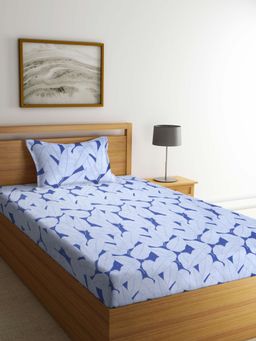 ARRABI - Blue Leaf TC Cotton Blend Single Bedsheet with 1 Pillow Cover