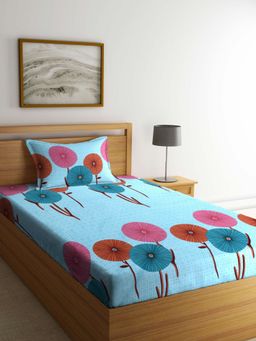 ARRABI - Blue Graphic TC Cotton Blend Single Bedsheet with 1 Pillow Cover
