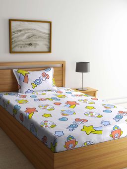 ARRABI - Beige Cartoon TC Cotton Blend Single Bedsheet with 1 Pillow Cover
