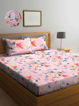 ARRABI - Peach Floral TC Cotton Blend Super King Fitted Bedsheet with 2 Pillow Covers