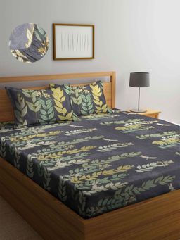 ARRABI - Grey Floral TC Cotton Blend Super King Fitted Bedsheet with 2 Pillow Covers