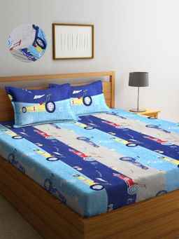 ARRABI - Multi Cartoon TC Cotton Blend King Fitted Bedsheet with 2 Pillow Covers