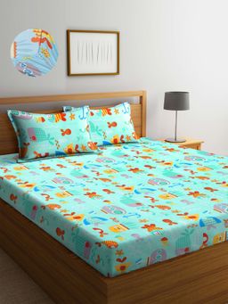 ARRABI - Multi Cartoon TC Cotton Blend King Fitted Bedsheet with 2 Pillow Covers