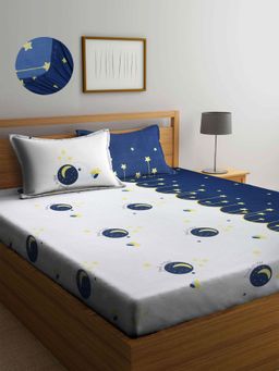 ARRABI - Blue Cartoon TC Cotton Blend King Fitted Bedsheet with 2 Pillow Covers