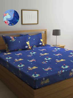 ARRABI - Blue Cartoon TC Cotton Blend King Fitted Bedsheet with 2 Pillow Covers