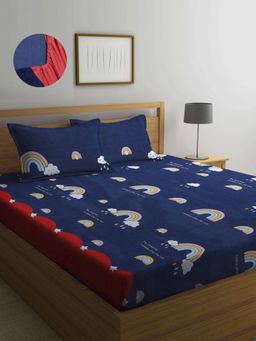 ARRABI - Blue Cartoon TC Cotton Blend King Fitted Bedsheet with 2 Pillow Covers