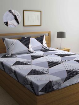 ARRABI - Grey Geometric TC Cotton Blend Super King Fitted Bedsheet with 2 Pillow Covers