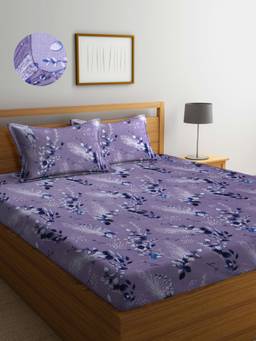 ARRABI - Grey Leaf TC Cotton Blend King Fitted Bedsheet with 2 Pillow Covers