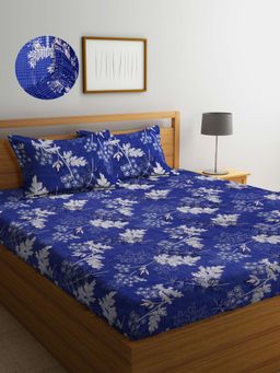 ARRABI - Blue Leaf TC Cotton Blend King Fitted Bedsheet with 2 Pillow Covers