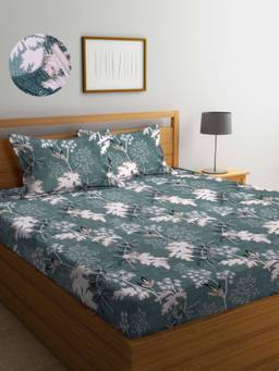 ARRABI - Green Leaf TC Cotton Blend King Fitted Bedsheet with 2 Pillow Covers