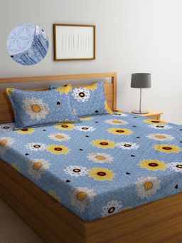 ARRABI - Grey Floral TC Cotton Blend King Fitted Bedsheet with 2 Pillow Covers