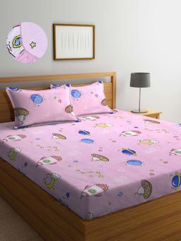 ARRABI - Pink Cartoon TC Cotton Blend King Fitted Bedsheet with 2 Pillow Covers