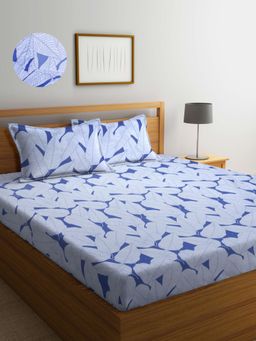 ARRABI - Blue Geometric TC Cotton Blend King Fitted Bedsheet with 2 Pillow Covers