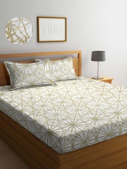 ARRABI - Beige Geometric TC Cotton Blend King Fitted Bedsheet with 2 Pillow Covers