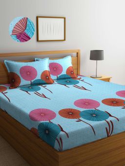 ARRABI - Blue Floral TC Cotton Blend King Fitted Bedsheet with 2 Pillow Covers