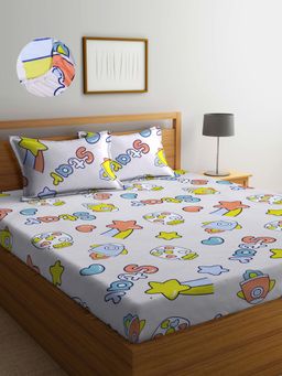 ARRABI - Beige Cartoon TC Cotton Blend King Fitted Bedsheet with 2 Pillow Covers