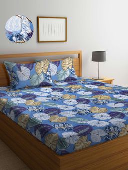 ARRABI - Blue Leaf TC Cotton Blend Super King Fitted Bedsheet with 2 Pillow Covers