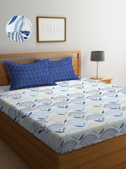 ARRABI - Blue Leaf TC Cotton Blend Super King Fitted Bedsheet with 2 Pillow Covers