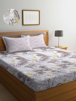 ARRABI - Brown Leaf TC Cotton Blend Super King Fitted Bedsheet with 2 Pillow Covers