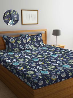 ARRABI - Grey Floral TC Cotton Blend Super King Fitted Bedsheet with 2 Pillow Covers