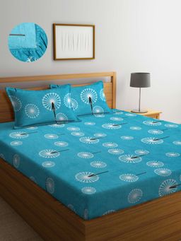 ARRABI - Teal Floral TC Cotton Blend Super King Fitted Bedsheet with 2 Pillow Covers