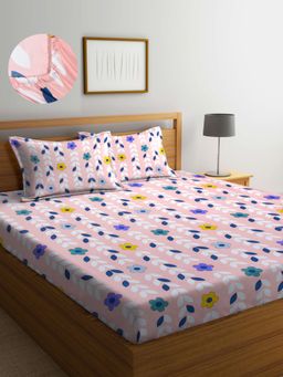 ARRABI - Pink Leaf TC Cotton Blend Super King Fitted Bedsheet with 2 Pillow Covers
