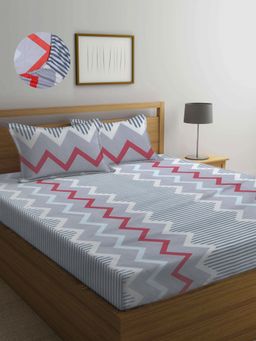 ARRABI - Grey Geometric TC Cotton Blend King Fitted Bedsheet with 2 Pillow Covers
