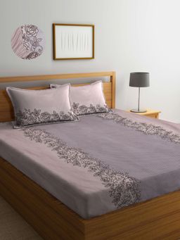 ARRABI - Brown Leaf TC Cotton Blend King Fitted Bedsheet with 2 Pillow Covers