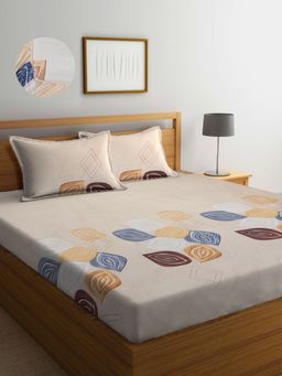 ARRABI - Cream Leaf TC Cotton Blend King Fitted Bedsheet with 2 Pillow Covers