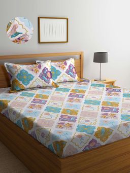ARRABI - Multi Floral TC Cotton Blend King Fitted Bedsheet with 2 Pillow Covers