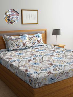 ARRABI - White Floral TC Cotton Blend King Fitted Bedsheet with 2 Pillow Covers