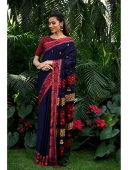 Beatitude - Navy Blue Handwoven Tangail Cotton Silk Saree with Unstitched Blouse