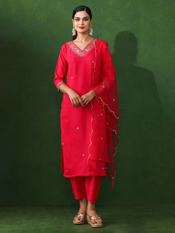 Jaipur Kurti - Pink Embroidered Straight Chanderi Silk Kurta & Pant with Dupatta (Set of 3)