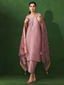 Jaipur Kurti - Pink Embroidered Straight Chanderi Silk Kurta & Pant with Dupatta (Set of 3)