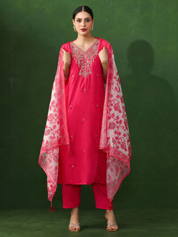 Jaipur Kurti - Pink Embroidered A-Line Chanderi Silk Kurta & Pant with Dupatta (Set of 3)