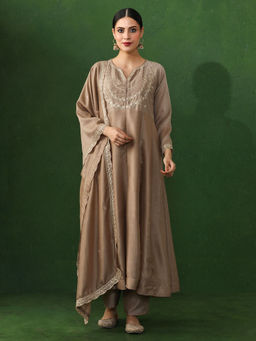 Jaipur Kurti - Brown Embroidered A-Line Silk Blend Kurta & Pant with Dupatta (Set of 3)